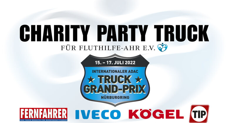 Die Logos der Sponsoren des Charity Party Truck 2022: FERNFAHRER, IVECO, KÖGEL und TIP PEMA
