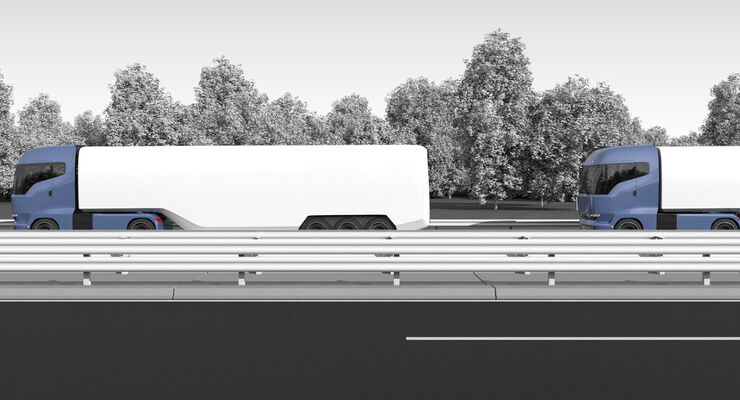 Two platooning trucks on a highway.